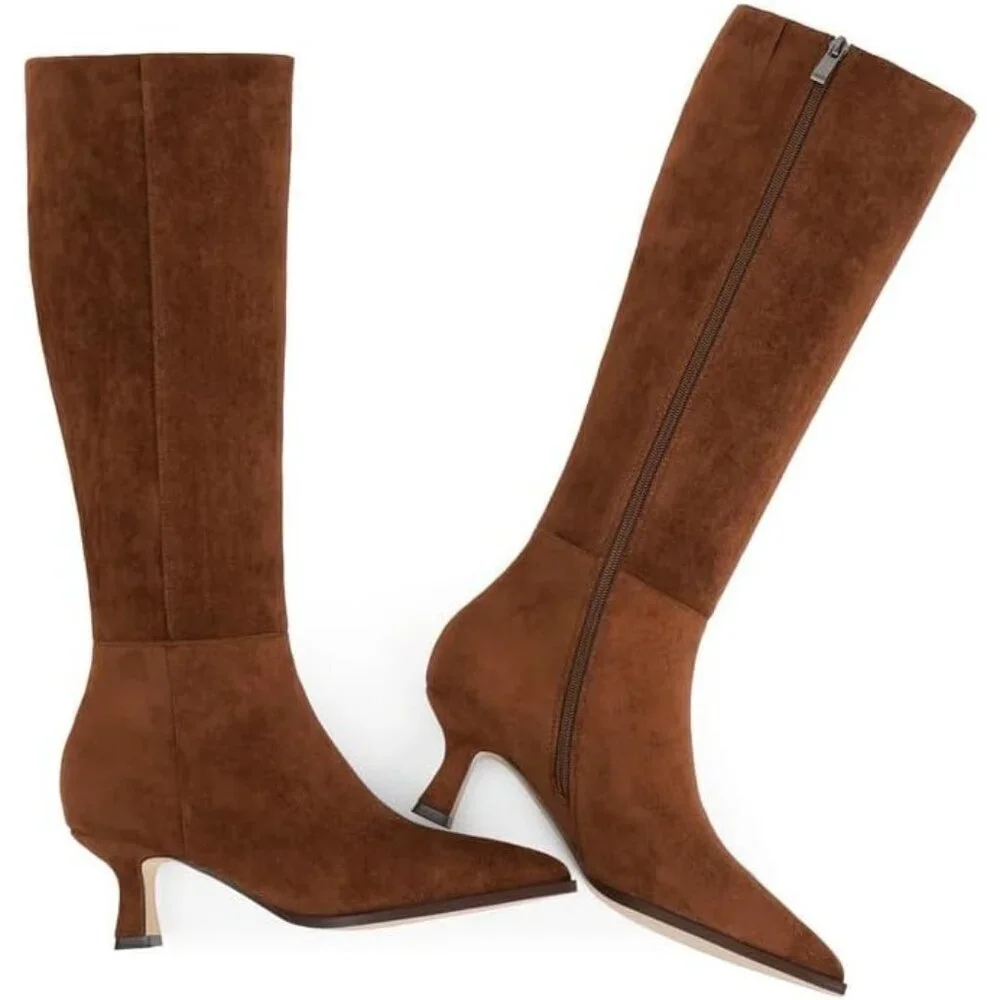 Women's Brown Suede Kitten Low Heel Toe Side Zipper Long Tall Knee High Boots